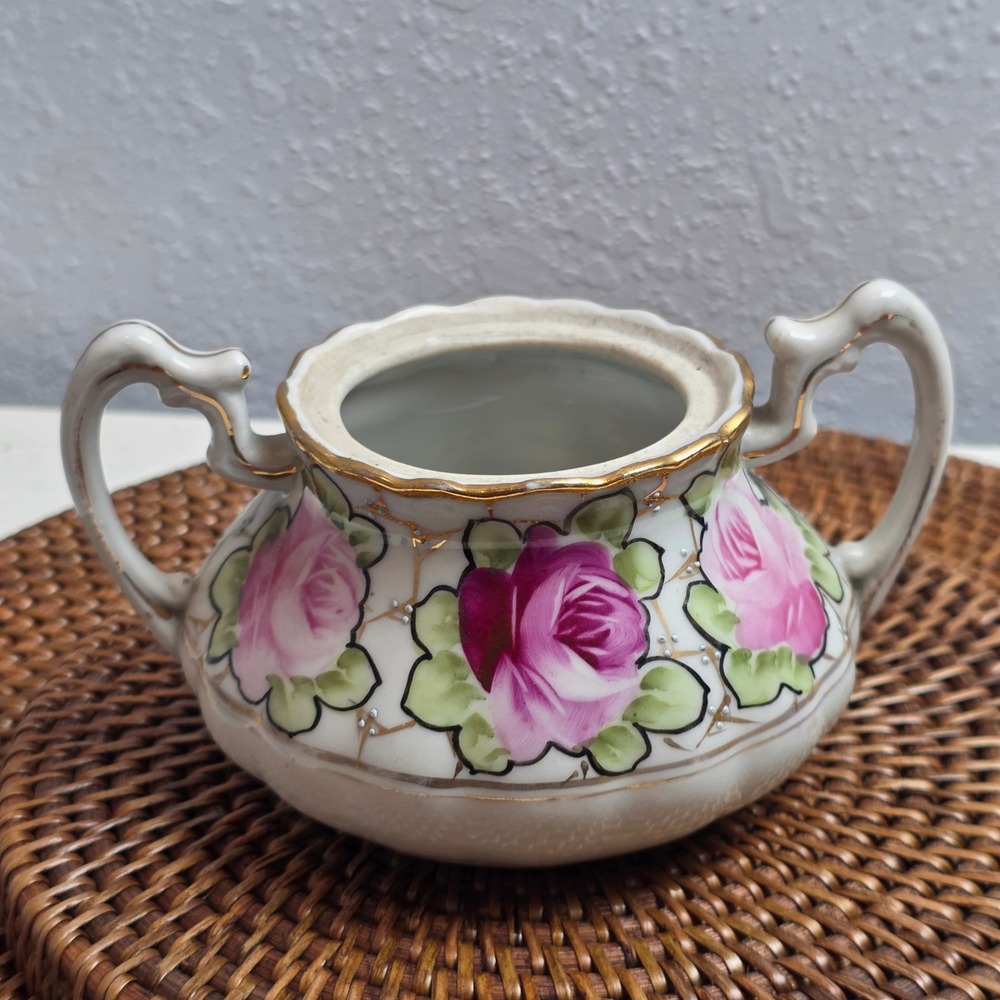 Antique 1890s Nippon Hand Painted Rose Porcelain Creamer & Sugar Bowl Set No Lid - Picture 10 of 16